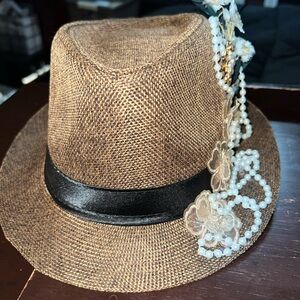 Elegant Brown Fedora with Black Band and Pearl Accents
